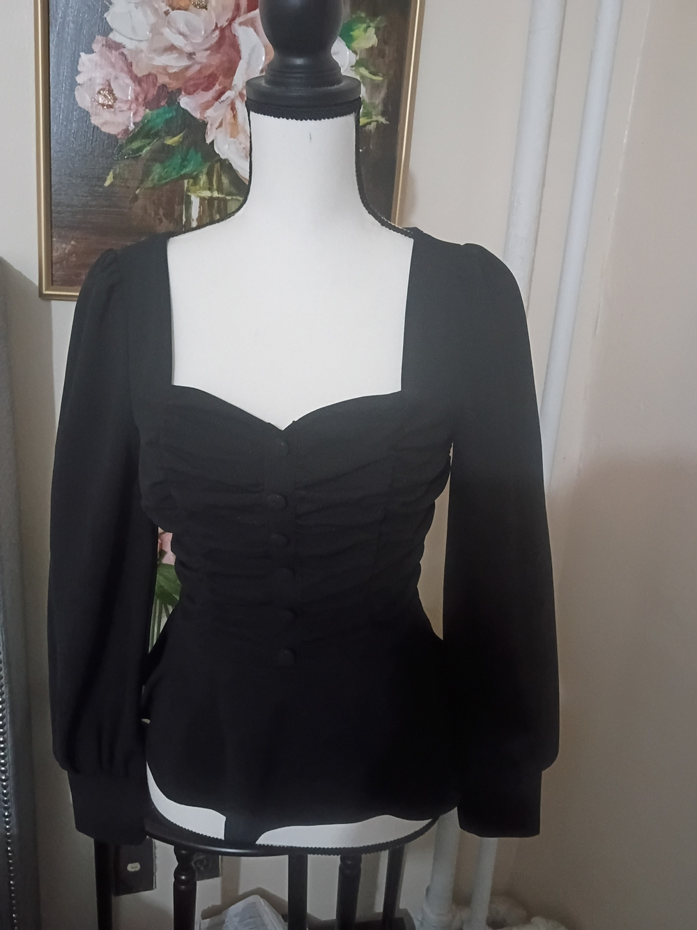 Black Square-Neck Ruched Button Peplum Blouse